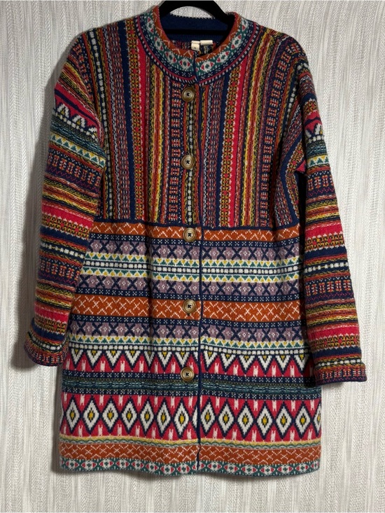 Moth Sweaters - Moth Multicolor Striped & Fair Isle Knit Coat - Navy, Red, Orange, Green, Pink